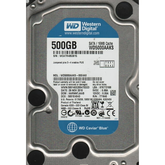 WD5000AAKS-00E4A0, DCM HARNNTJAAB, Western Digital 500GB SATA 3.5 Hard Drive