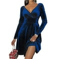 thumbnail image 6 of Womens Wrap V Neck Long Sleeve Velvet Glitter A Line Cocktail Party Swing Fit and Flare Skater Mini Dress, 6 of 8