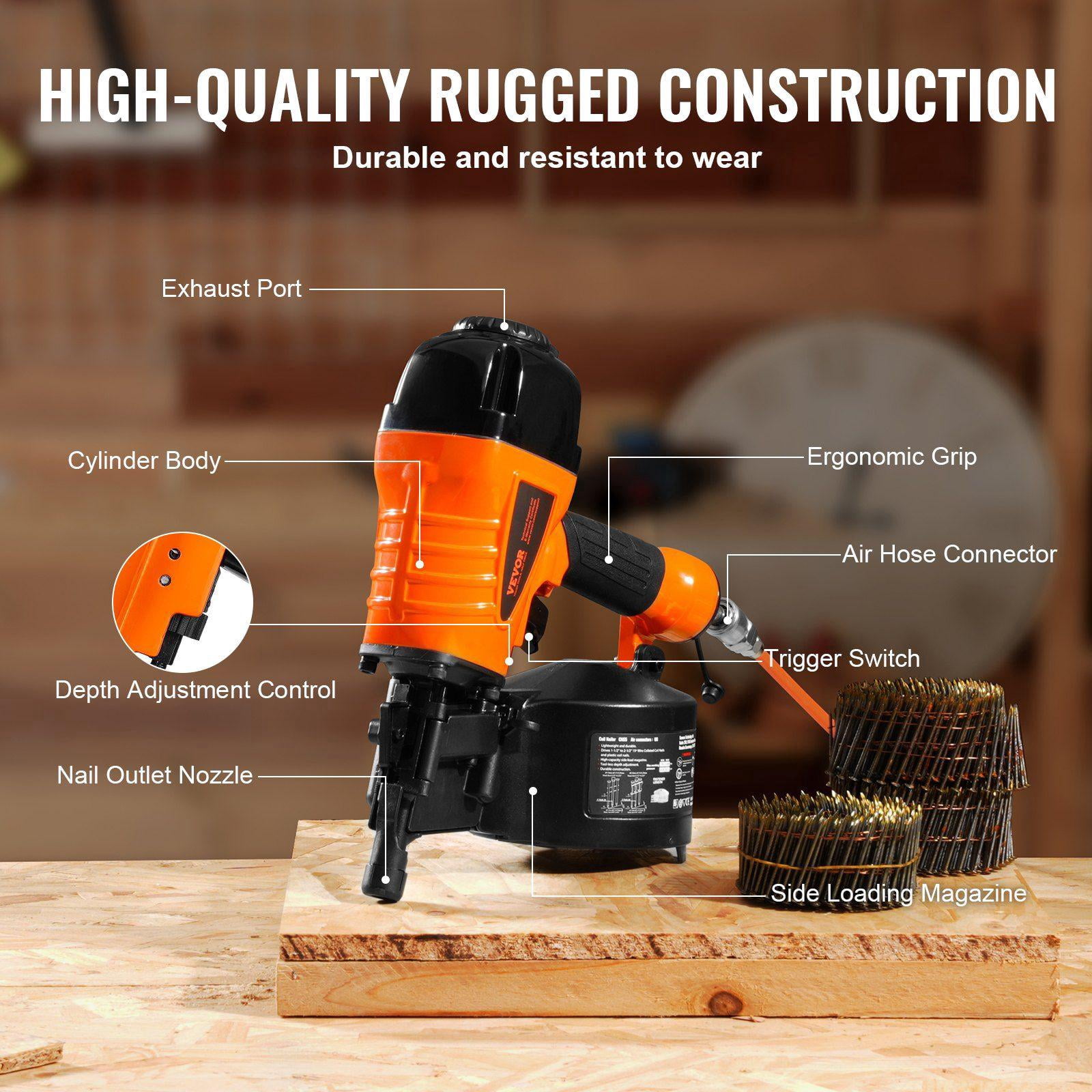 Coil Siding Nailer CN65 15 Degree Pneumatic Nail Gun 1.25 to 2.5 Inch Tool Less Depth Adjustment 70 120 PSI for Siding Pallet Sheathing Wood Fencing Decking