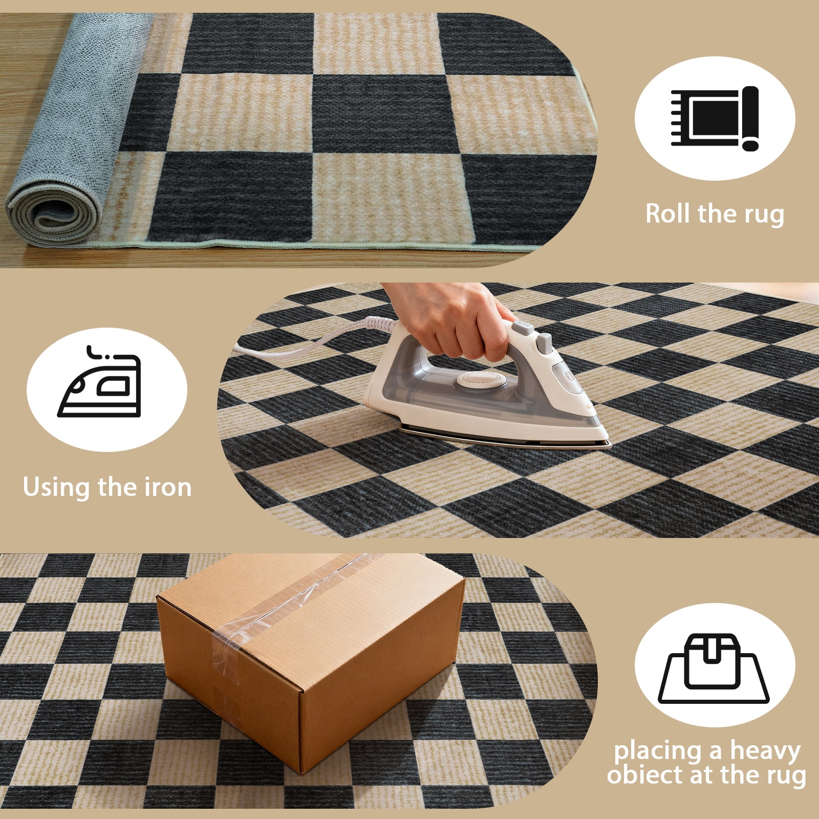 RUG ROBOT 6'x9' Area Rugs for Living Room, Washable Non-Slip Checkered Rugs for Bedroom, Dining Room, Soft Low-Pile Classic Farmhouse Geometric Indoor Large Accent Carpet, Black