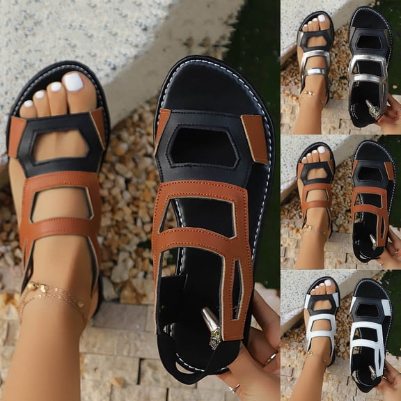 Comfortable Sandals for Women Flat Heel Open Toe Summer Daily Shoes Fashion Casual Versatile Hollow Color Matching Spring Summer Flat Bottom Roman Beach Sandals