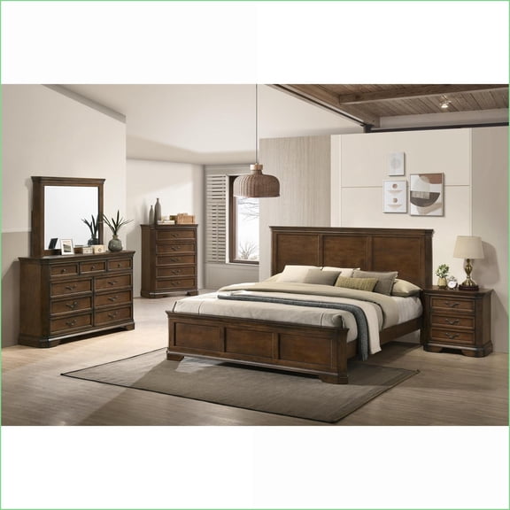 Bedroom Furniture Set, 5-Piece Traditional Walnut Brown Queen Bed with Dresser, Mirror, Nightstand & Chest | Solid Wood | Standard Beds