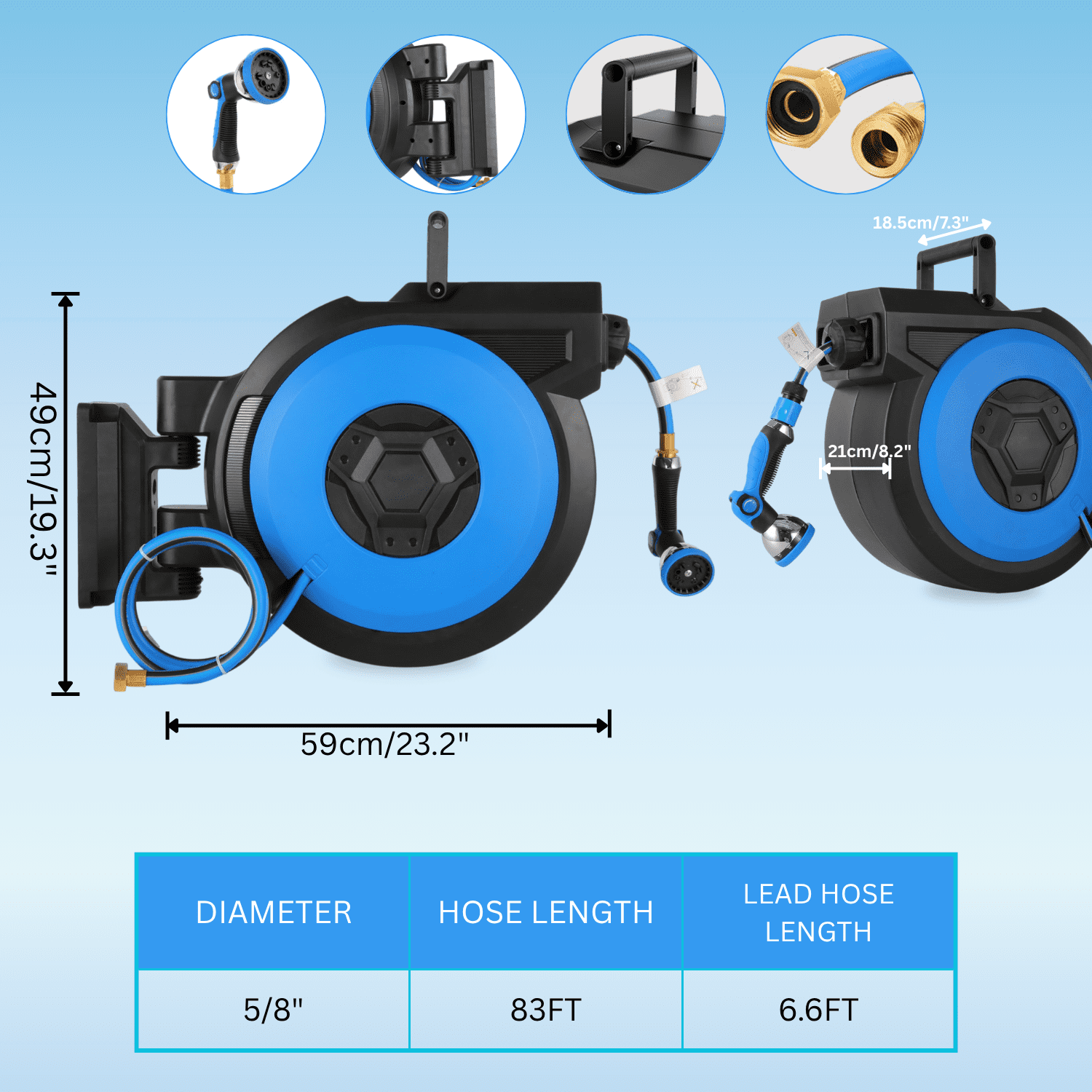 Legooin 82ft x 5/8 in Retractable Hose Reel, Wall Mount Garden Hose Reel for Outdoor Water Hose with 10-Pattern Sprayer Nozzle, Auto Rewind, Length Lock, 180° Swivel