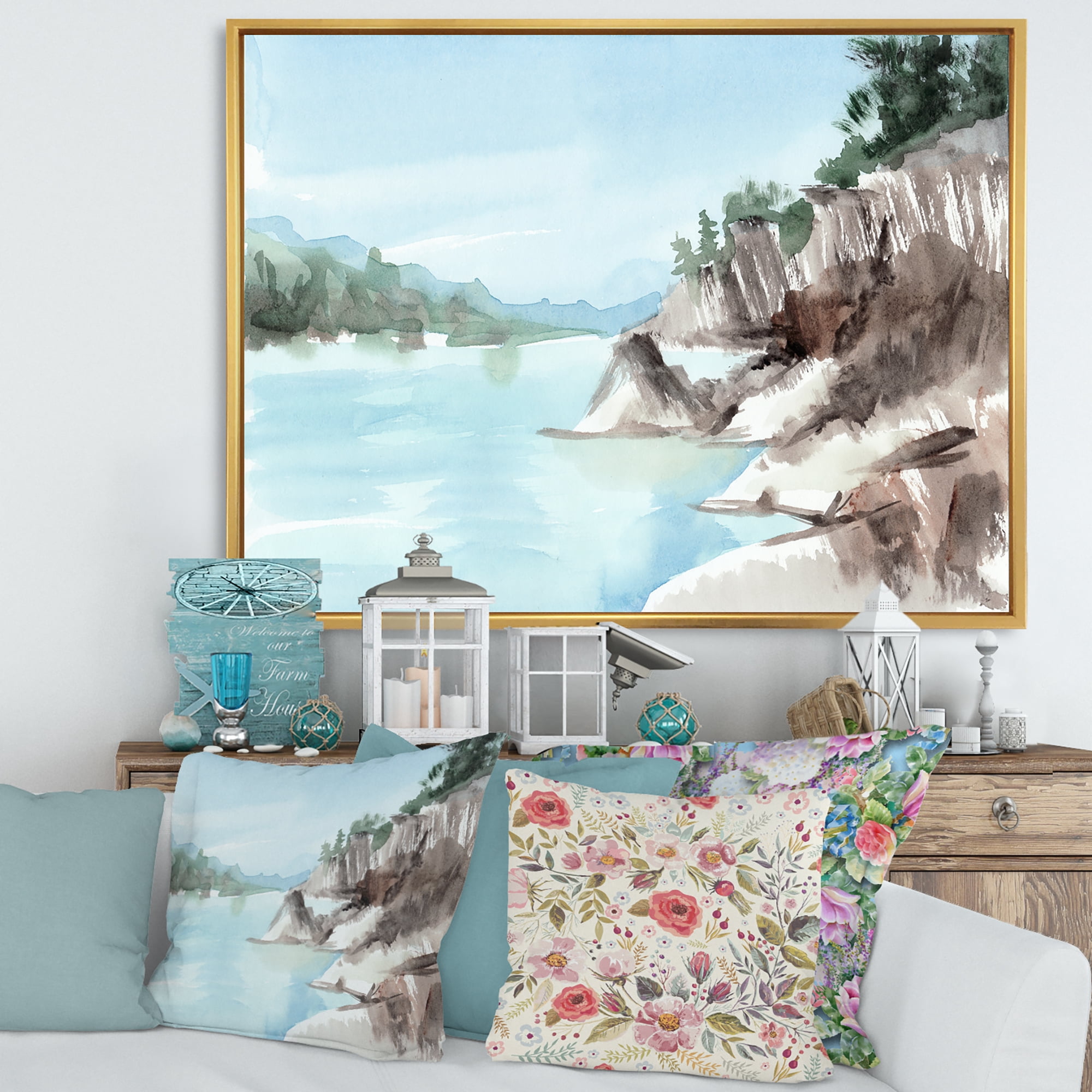 Designart 'Rocks With The Blue Lake' Lake House Framed Canvas Wall Art Print