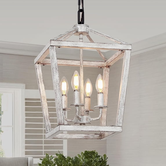 4 Light Chandelier, Industrial Ceiling Light Black Lantern Light Fixtures with Farmhouse Metal Cage Adjustable Height Rustic Geometric Hanging Light E12 Base for Kitchen Island, Entryway, Indoor Use