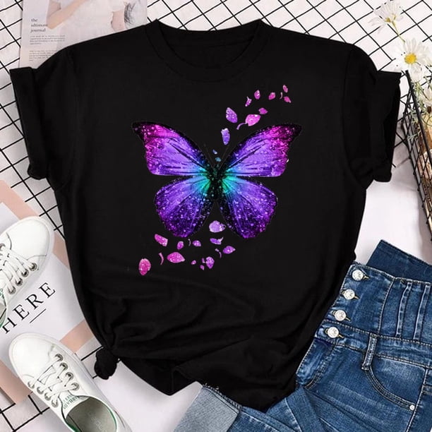 Nueva Moda Mujer Camiseta Azul Mariposa Y Hojas Impresión Manga Corta Casual Suelta Talla Grande Cuello Redondo Blusa Primavera Verano Ropa Blanca Y Negrapangjing