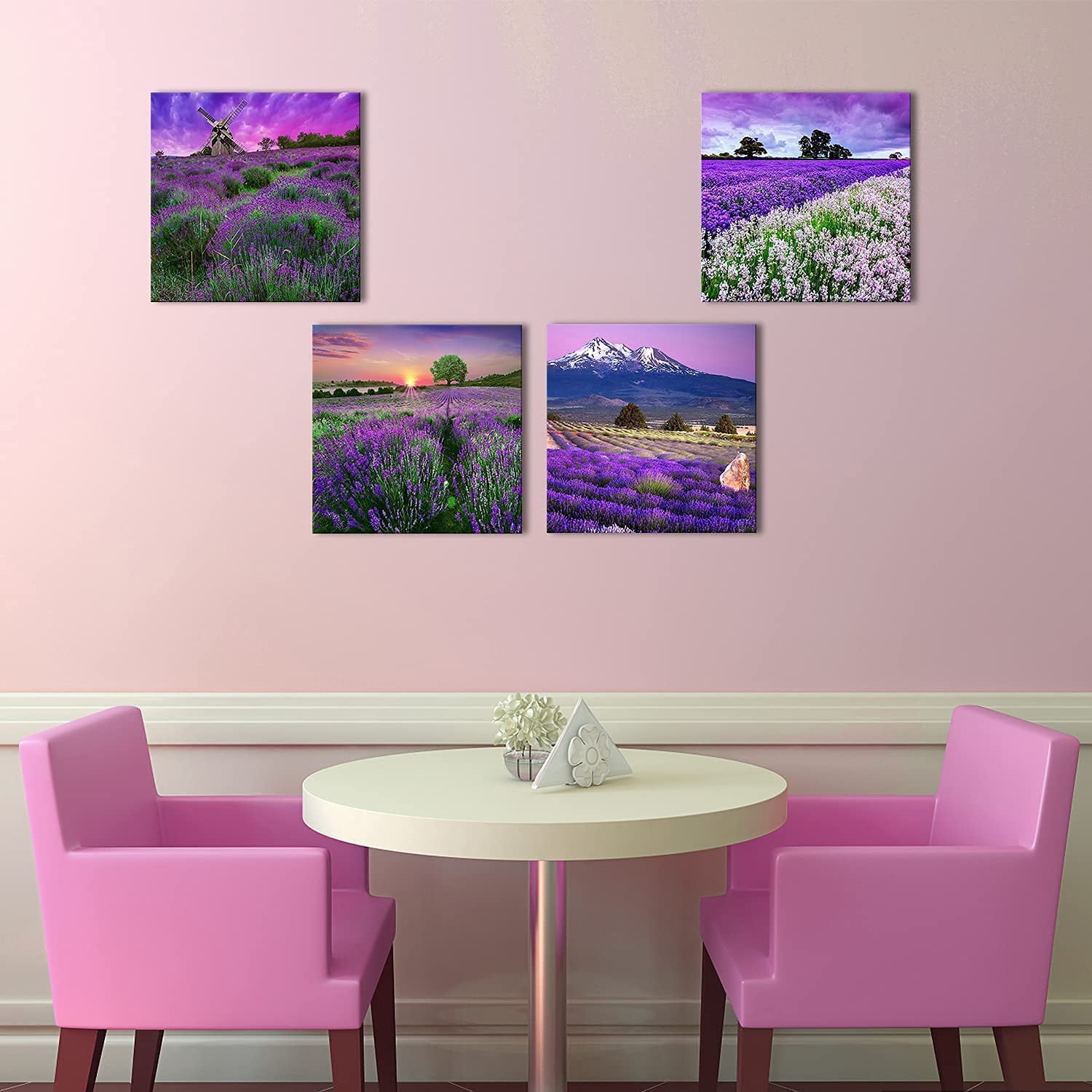 Landscape Flower Picture Canvas Wall Art Contemporary Vibrant Purple Lavender Flowers Painting Fantastic Provence Fields Artwork Sets of 4 Piece Canvas Print for Bedroom Decoration