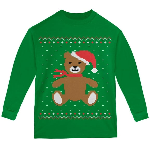 Ugly Christmas Sweater Big Teddy Bear Green Youth Long Sleeve T-Shirt