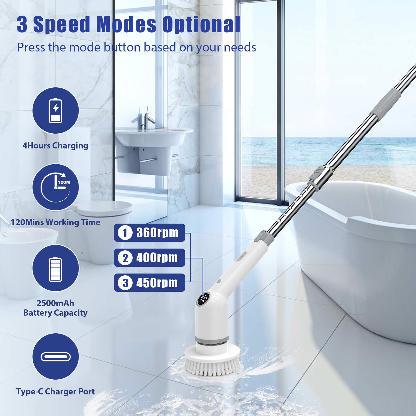 SZRSTH Electric Spin Scrubber, 450RPM with 8 Brush Heads photo 3