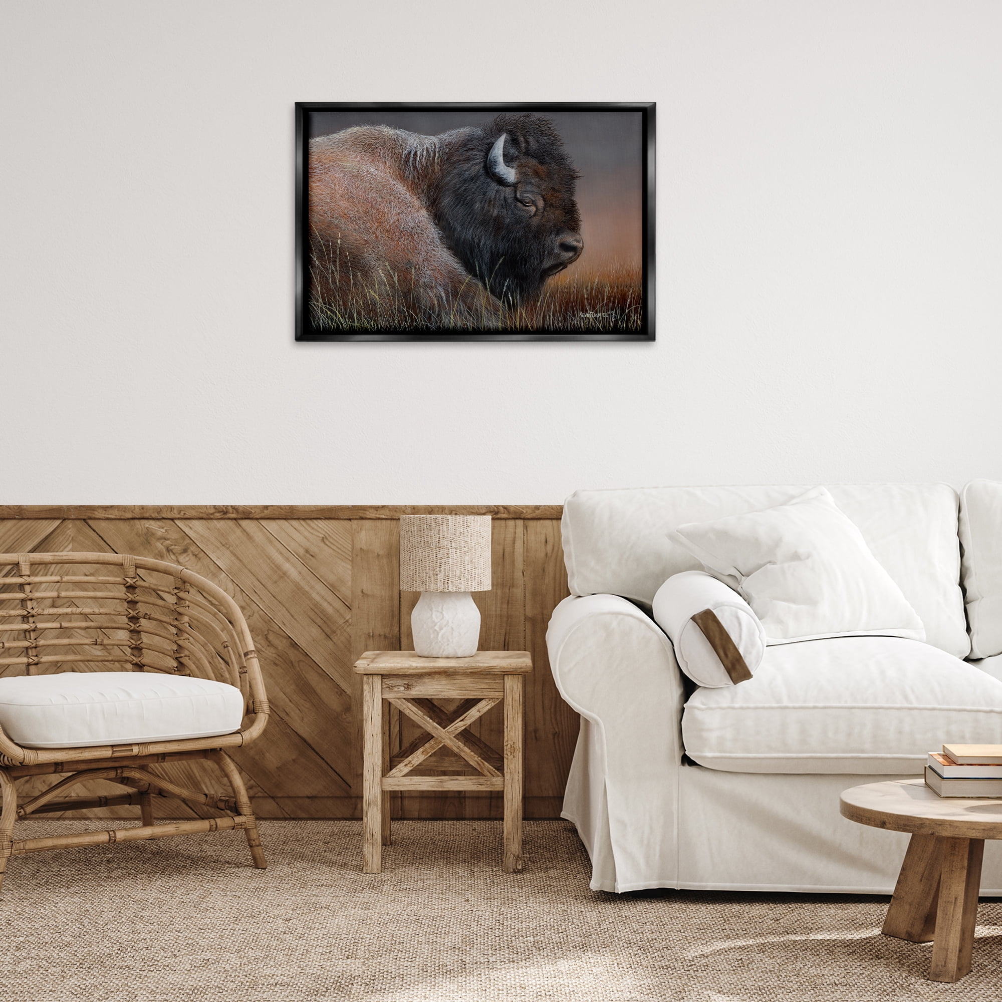 Stupell Industries Detailed Bison Close Up Animals Painting Black Floater Framed Canvas Art Print Wall Art, 31 x 21