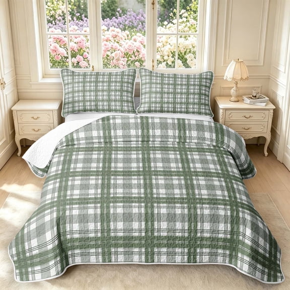 Manfei Green White Plaid Twin Quilt Set,Vintage Check Twin Coverlet Set,2 Pieces,1 Bedspread and 1 Pillowcase