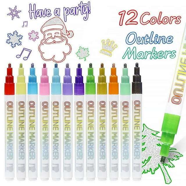 Fiudx Juego de Marcadores de Contorno con Purpurina, 12 Colores Vibrantes, Punta Mediana de 2 Mm, Tecnología de Autocontorno, Apto para Papel, Madera y Vidrio, Manualidades Multiusos, Diversión En Fa