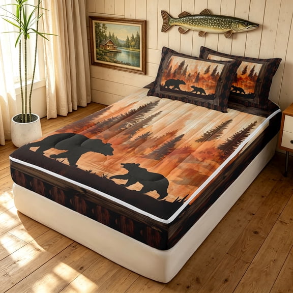 Manfei Rustic Grizzly Bear Zipper Twin Comforter Sets with Fitted Sheet and 2 Pillowcases, Countryside Pine Tree Zipper Bedding Set, Dark Brown Orange, Black Reversible, 4pcs