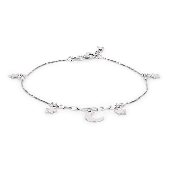 Vanbelle Sterling Silver Jewelry Hanging Moon and Star Anklet with Rhodium Plating for Women