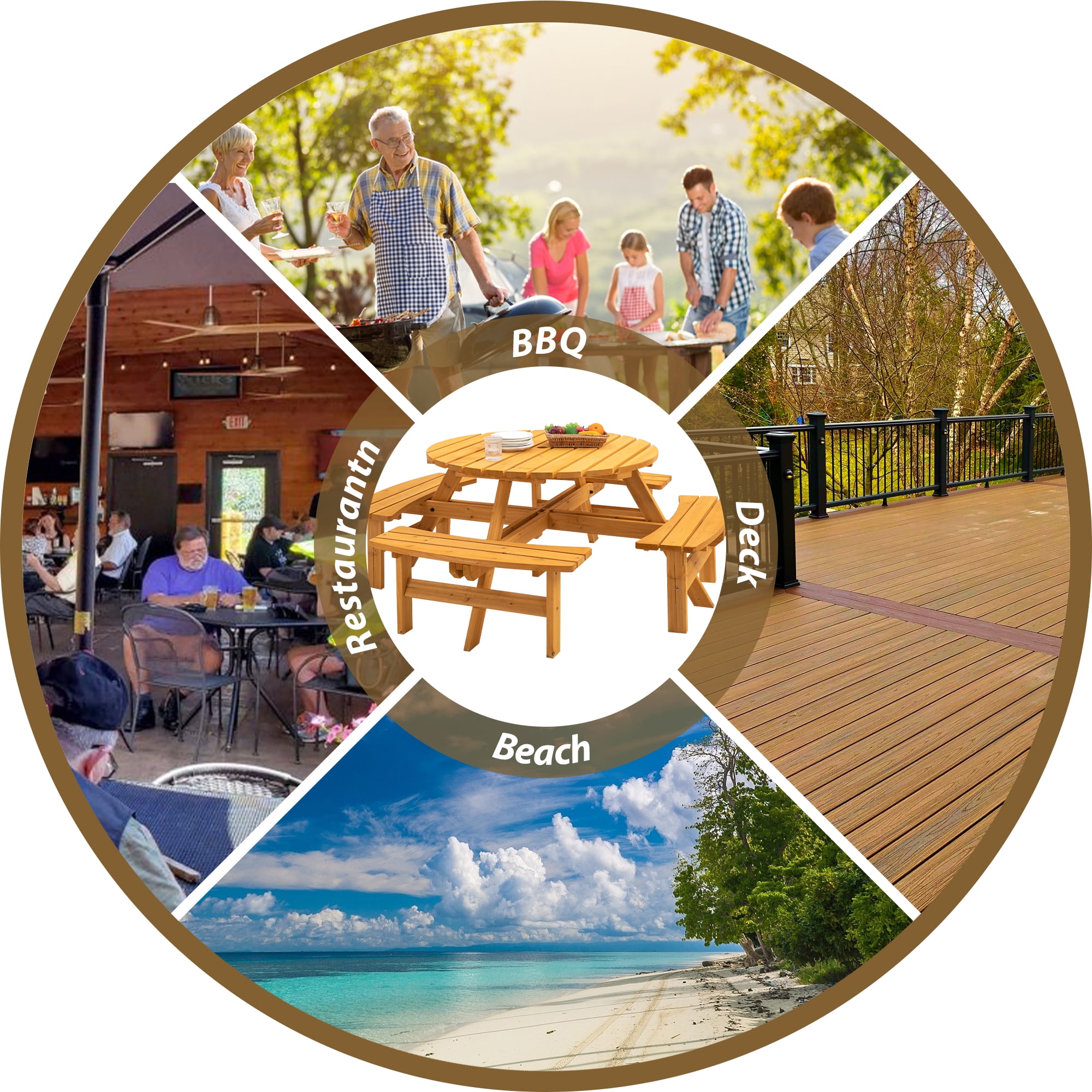 8‑Person Solid Fir Wood Round Picnic Table with 4 Built‑in Curved Benches, Outdoor Patio Dining Table with 2” Umbrella Hole, 2220lb Total Capacity, Natural Finish