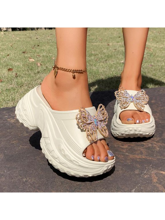 Women's Chunky Platform EVA Slides, High Wedge Heel 7.5cm, Glitter Butterfly Cloud Slippers (35-40), Summer Beach/Casual Wear, Black/White/Beige