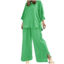 Timegard Lounge Sets for Women 2 Piece Plus Size Button up Shirts Side Split Wide Leg Pants Fall Loose Outfits