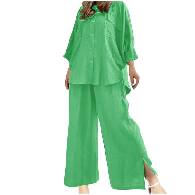Wlynlyn Womens Plus Size Cotton Linen Sets Long Sleeve Button down Shirts Side Split Wide Leg Pants Matching Lounge Set S-5XL