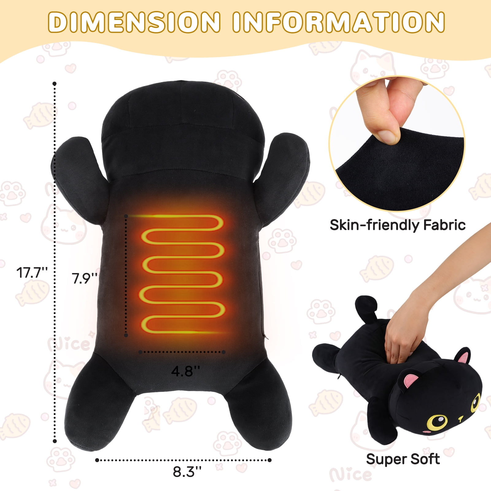 Cat Heating Pad for Period Cramps Menstrual Pain Relief, Portable Electric Heat Pads USB Powered, Cute Black Cat Plush Stuffed Animals Gift, Funny Cats Gifts for Women Teen Girls Birthday Christmas