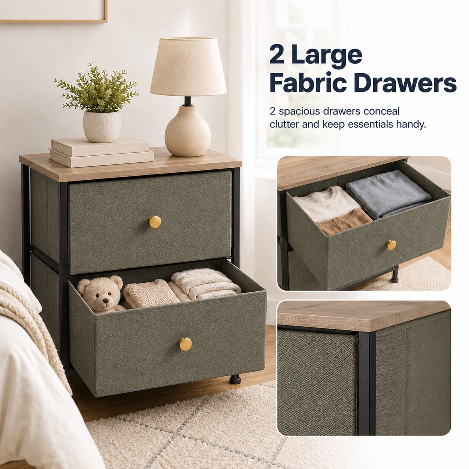 Alvantor Nightstand with 2 Storage Drawers, Small Bedside Table, Small Dresser with Sturdy Wooden Top for Daily Essentials, Compact Nightstand for Bedroom and Small Spaces