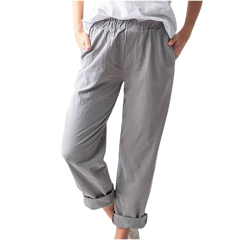 Straight ankle length linen trousers/pants with an elastic band and pockets