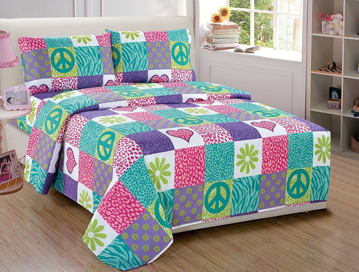 Fancy Linen 4 Pc Sheet Set Girls Safari Pink Purple Peace Sign Full Size New