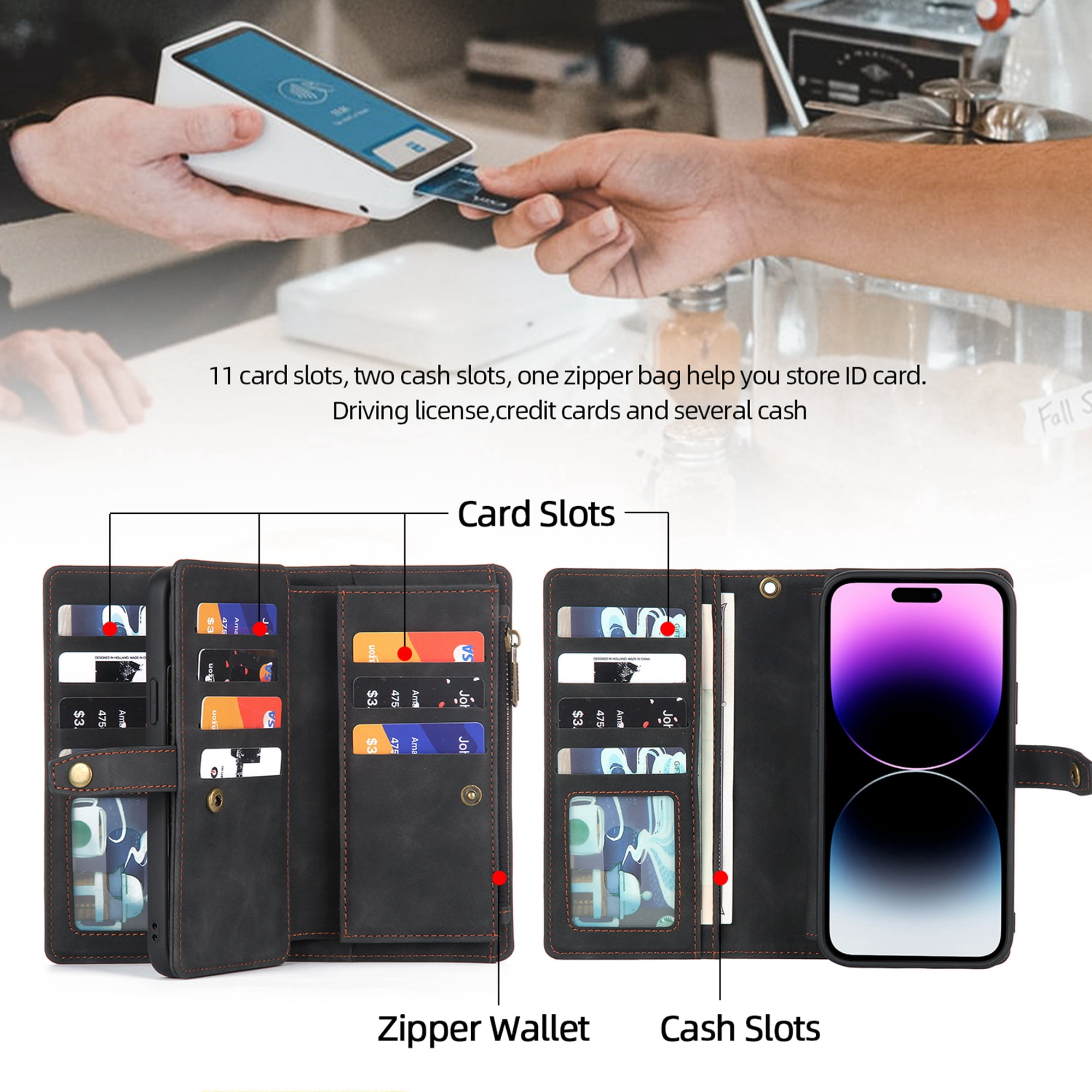 Dteck for iPhone 14 Pro Max Case, iPhone 14 Pro Max Case Wallet for Women Men, Durable PU Leather Magnetic Flip Lanyard Strap Wristlet Zipper Card Holder Phone Cases for iPhone 14 Pro Max,Black