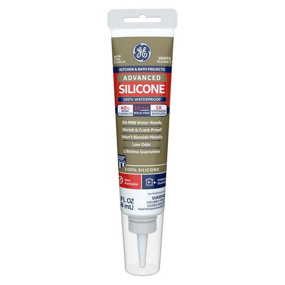 GE Advanced Silicone Kitchen & Bath Sealant, 1, White 2.8 oz Squeeze Tube