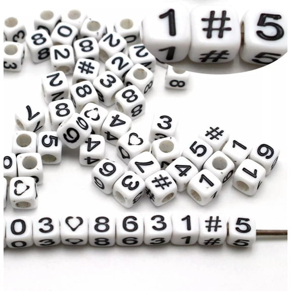 U8MO 250 White with Black Assorted Number "#" Cube Pony Beads 6X6mm Kids Craft Making