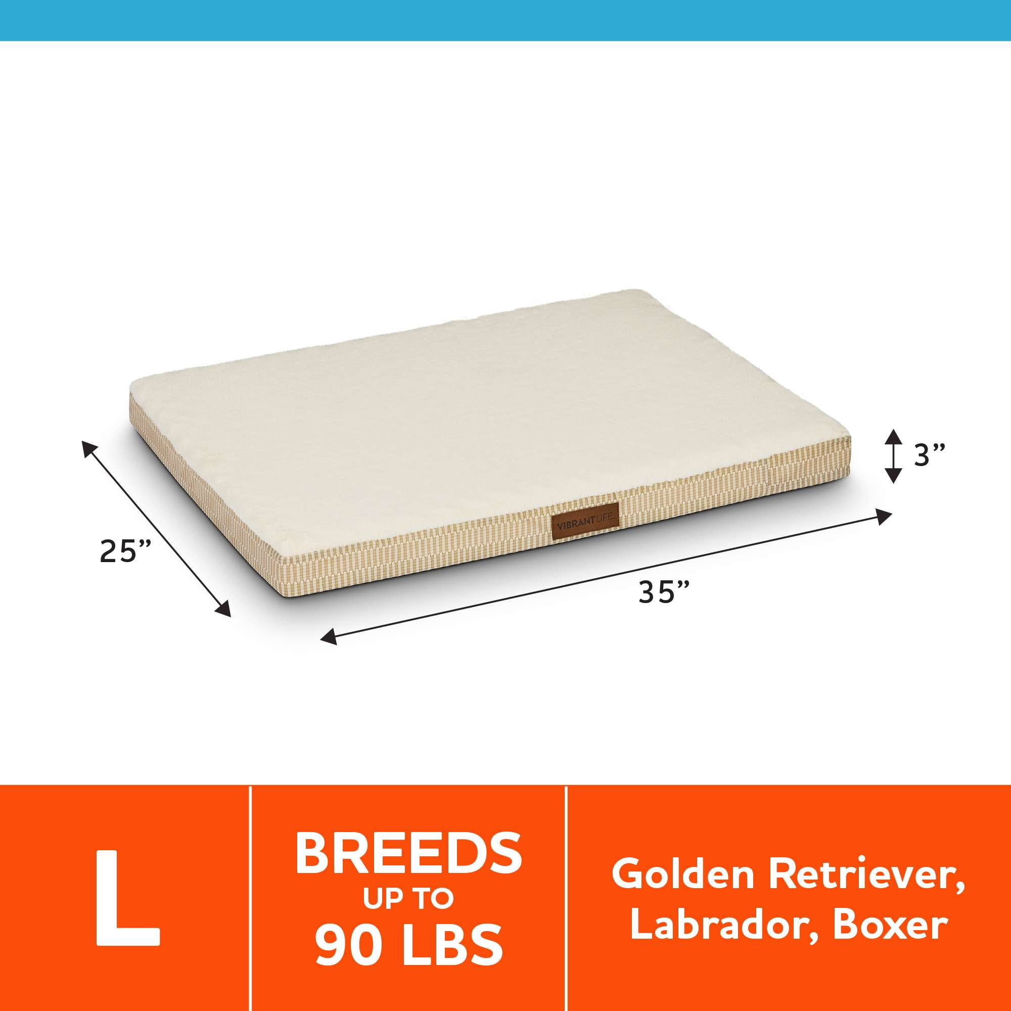 Vibrant Life Large Orthopedic Foam Dog Bed for Large Breeds, Large, 35" x 25", Tan