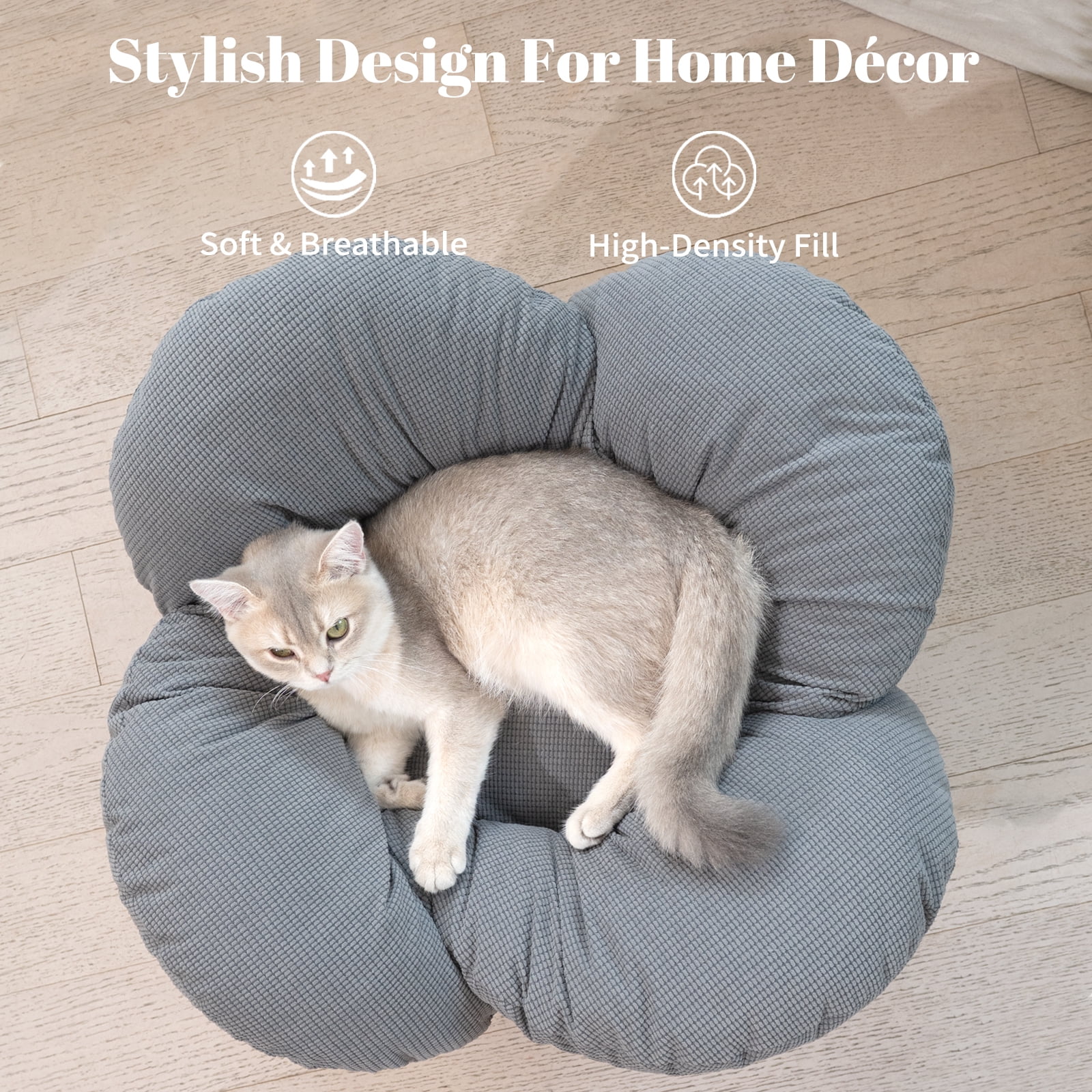CheerPals Elevated Cat Bed, Washable Flower Pet Cushion with Sturdy Wooden Frame, Heavy-Duty Lounge Chair for Indoor Cats & Small Dogs, Gray