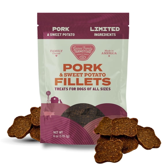 Gaines Family Farmstead Pork & Sweet Potato Fillets for Dogs – 6 oz bag, Tastes Like Bacon! Chewy, Grain-Free, Limited Ingredient Dog Treats, Made in USA