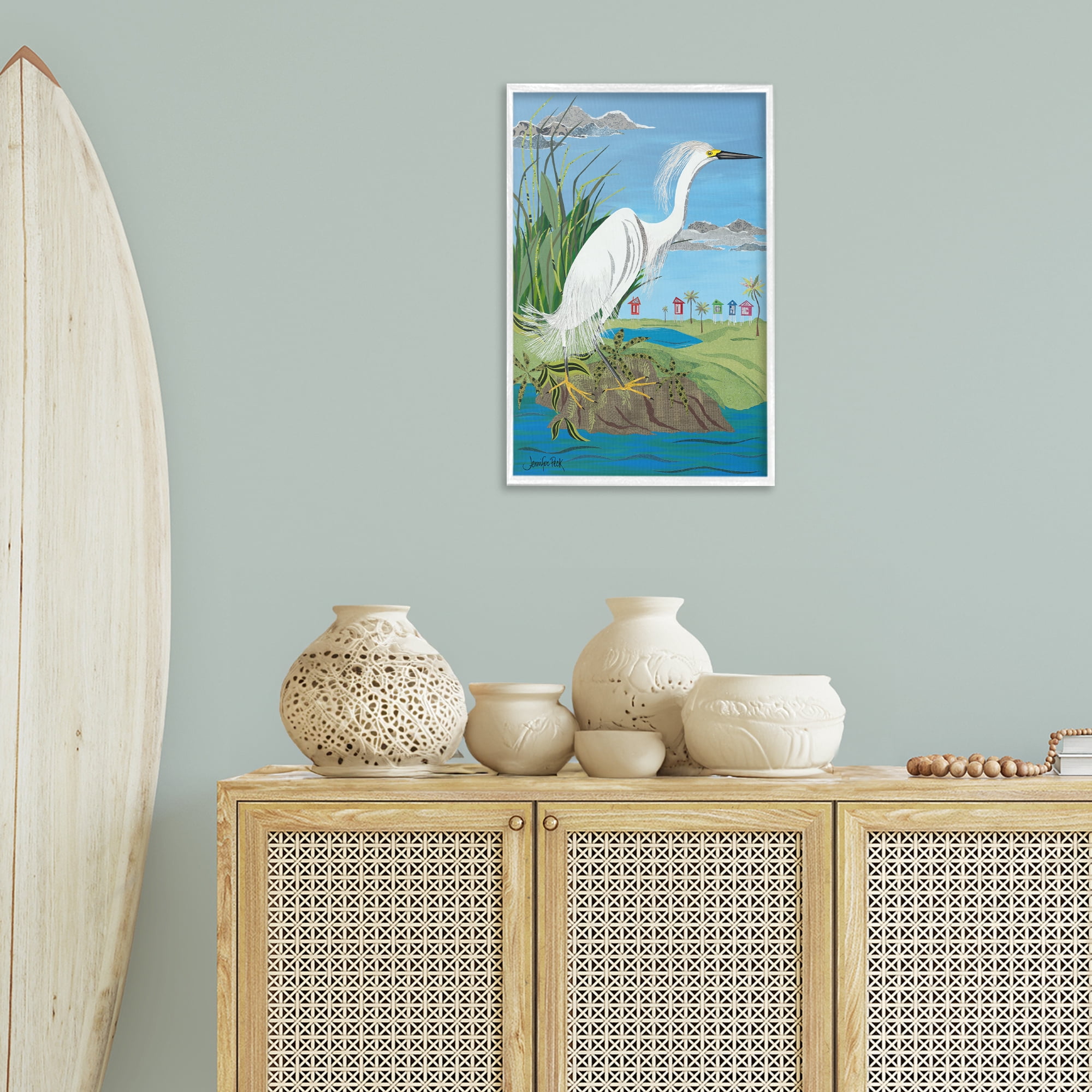 Stupell Industries Egret Perched on Shore Animals & Insects Painting White Framed Art Print Wall Art, 16 x 24