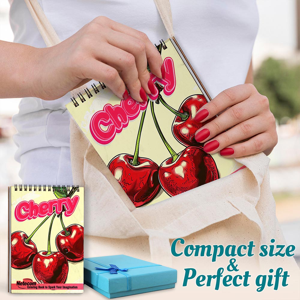 Netecom Cherry Coloring Book for Adults, A5 Wooden Cover, 30 Sweet and Juicy Pages of Cherry Coloring Pages for Stress Relief and Relaxation, Spiral Bound Edition