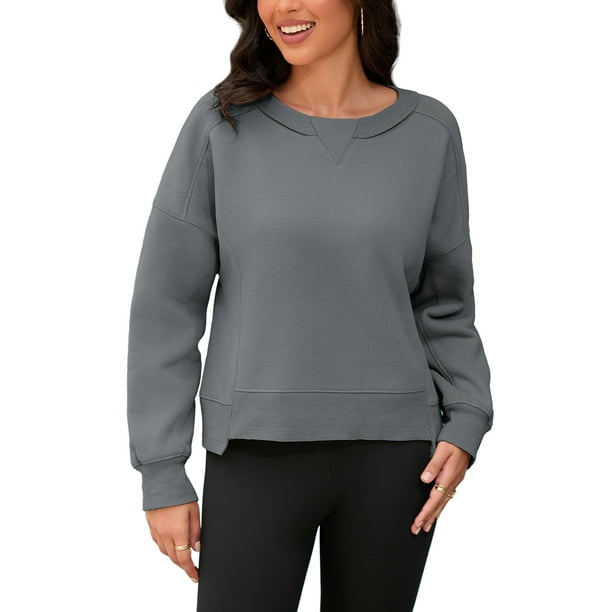 Sudadera recortada ATHLECHIC para mujeres, suéter de felpa de cuello redondo, suéter oversized de moda, tops de pullover de otoño, S Gris oscuro