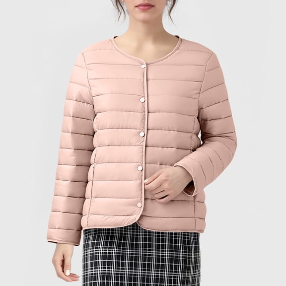 Womens Fleece Lined Jacket Women Winter Quilted Jackets Lightweight Collarless Button Coat Short Inner Liner Jacket Overcoat 3XL