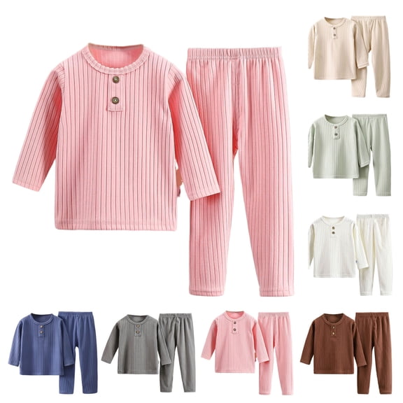 WAVSUF Girls Knitted Outfits Henley Neck Top and Long Pants Fall Home Casual Sets 2 Piece Navy 7-8
