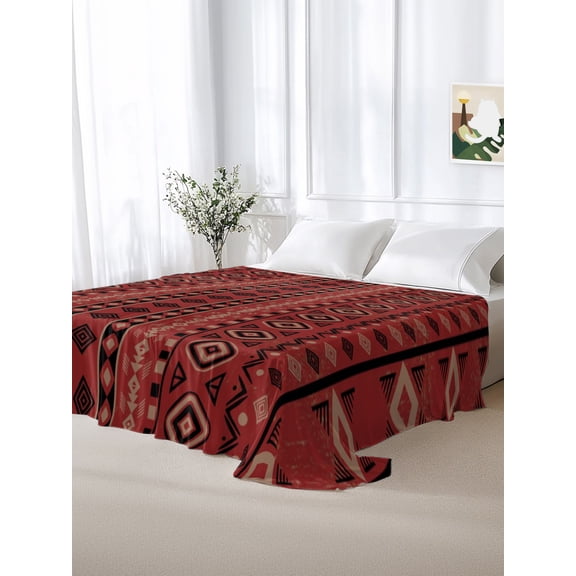 California King Size Flat Sheet Only,Red Tribal Striped Soft Top Bed Sheets Breathable Bedding Sheet Abstract Bohemian Art Microfiber Hotel Luxury Top Sheets