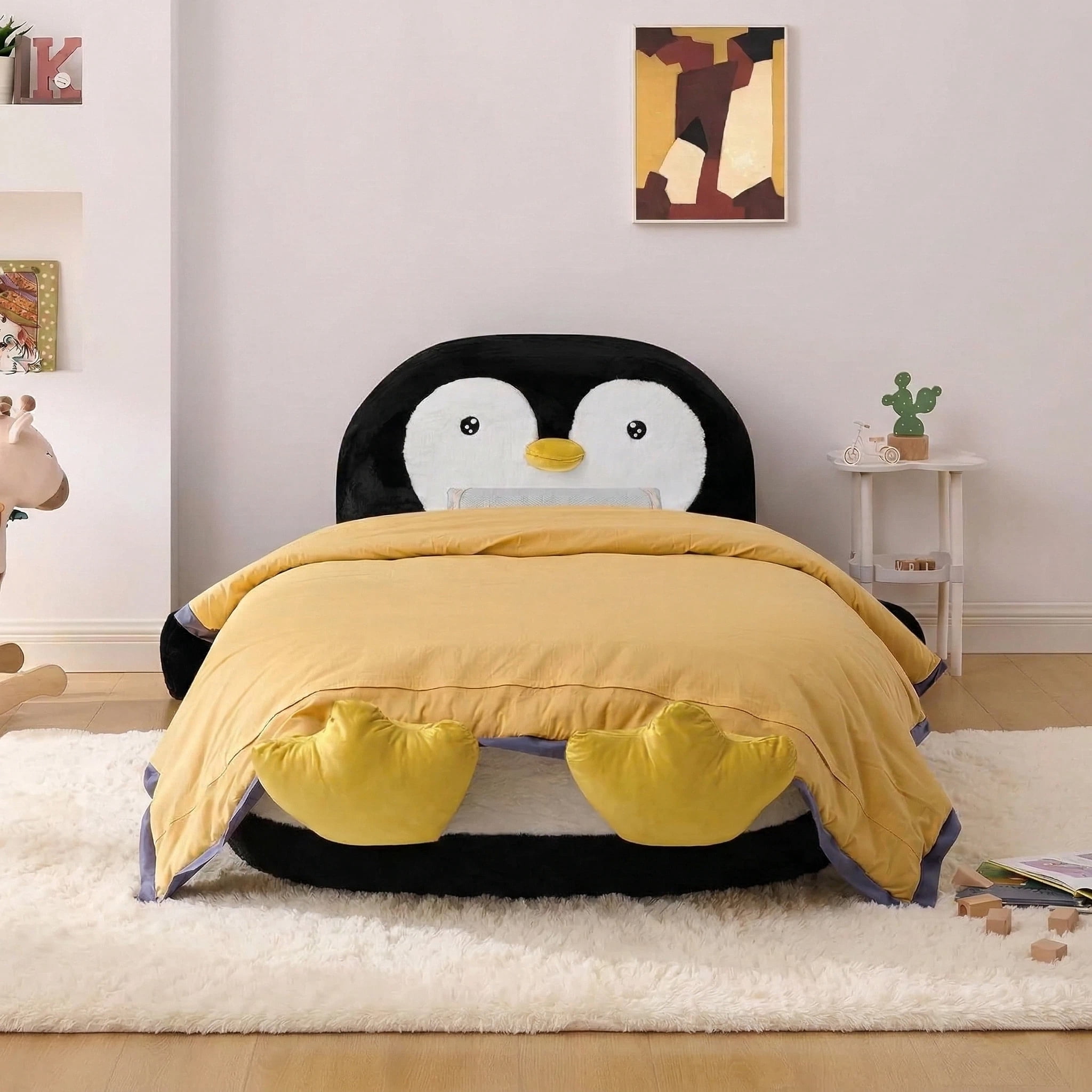 Aisword Twin Size Kids Daybed with Penguin Shaped & Headboard, Upholstered Faux Fur Cloud Boneless Memory Foam Bed Mattress, Platform Floor Sofa Couch Bed Frame for Girls, Boys, Teenager