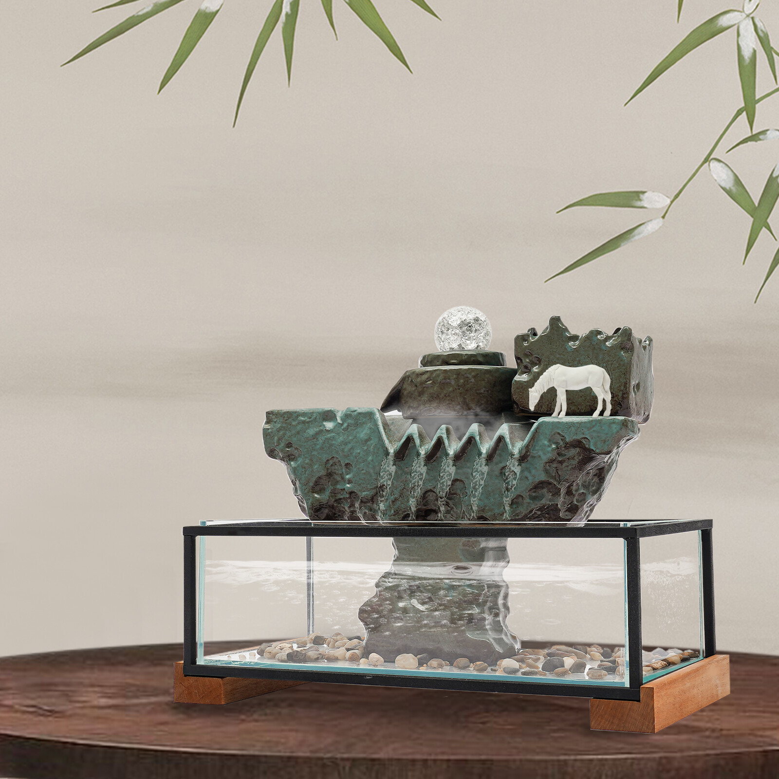 Tabletop Water Fountain, 16x8x5in Glass Fish Tank with LED Lights and Atomizer, Includes Horse Sculpture for Home and Office Decor
