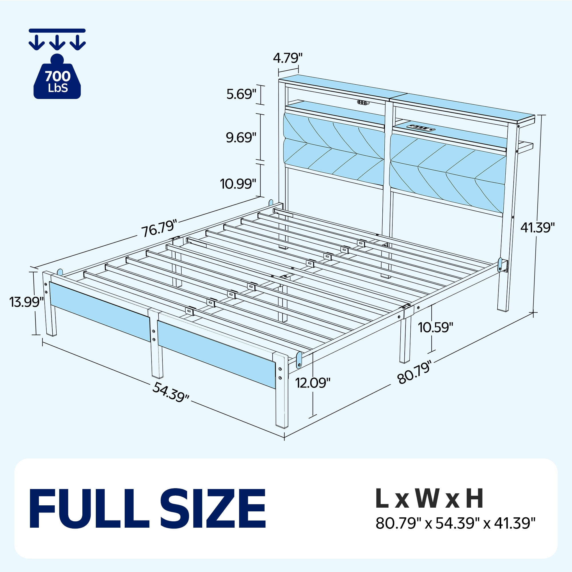 Greenstell Full LED Bed Frame with Headboard Storage - Charging Station, Dark Gray