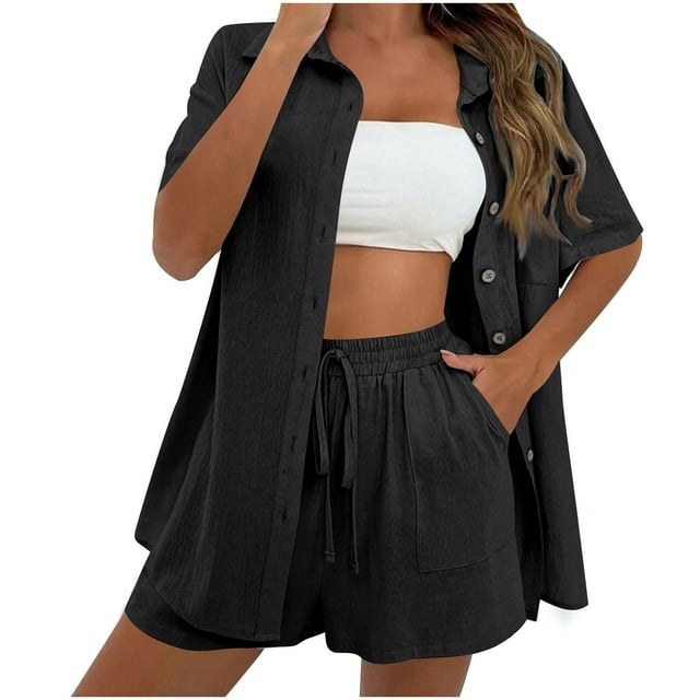 Yanlir Womens Solid Color Short Sleeve Button Down Shirt with Elastic Waist Pants Set Comfortable Two Piece Outfit with Pockets for Daily Wear(Black,4XL)