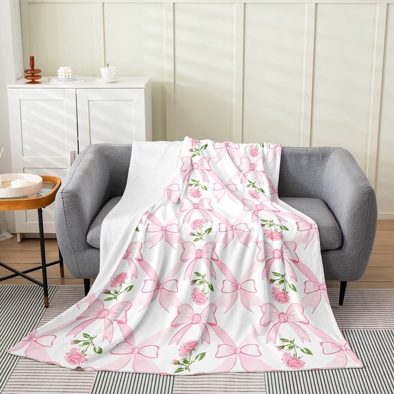 Erosebridal Pink Bowknot Plush Throw Blanket 40"x50" Dreamy Princess Floral Bow Blanket Room Decor Cute Bowknot Flannel Fleece Blanket