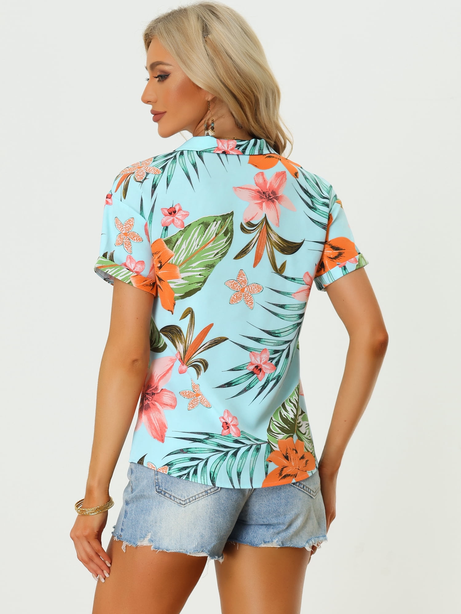 DARING DIVA Floral Leaves Print Short Sleeve Beach Top L Sky Blue