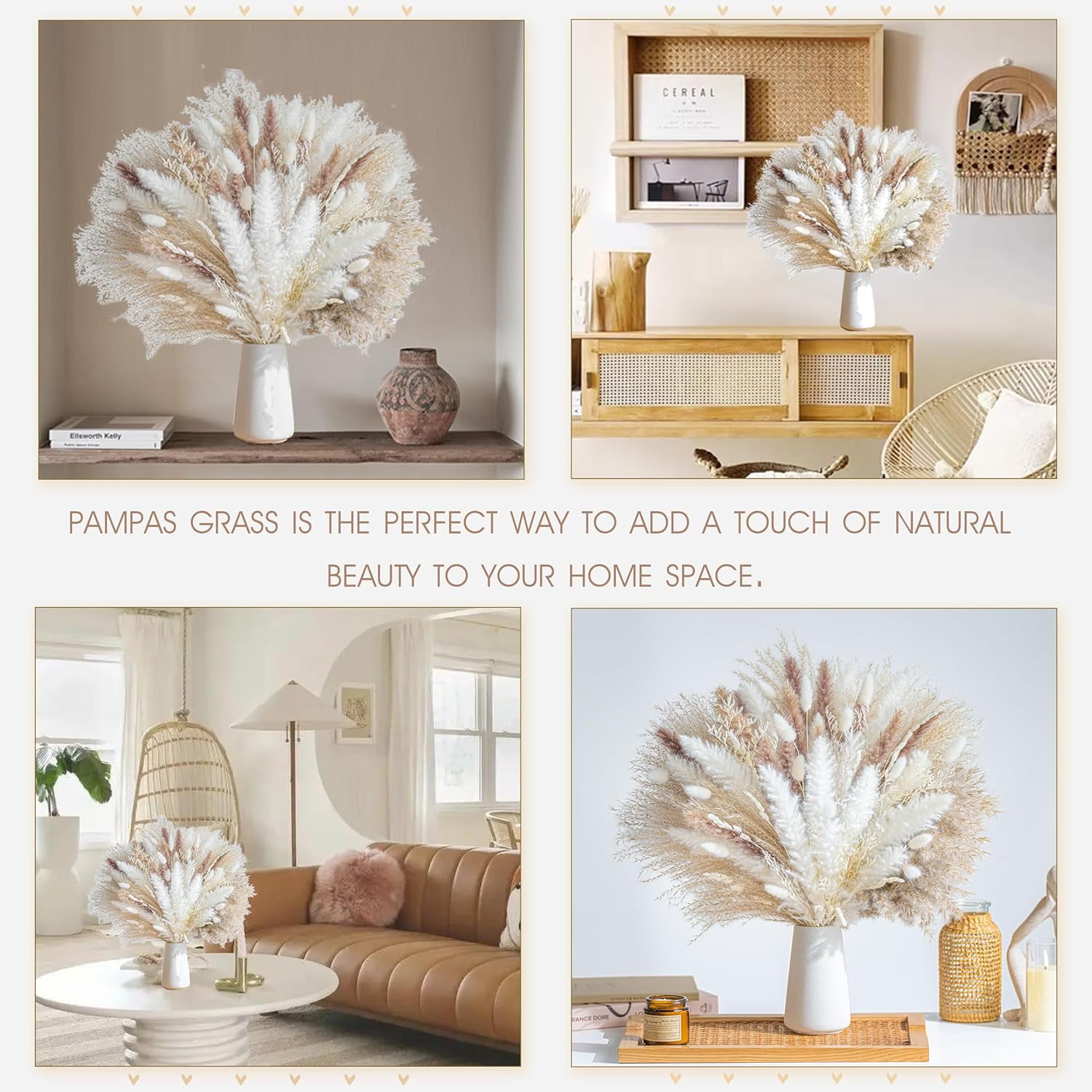 96PCS Natural Dried Pampas Grass Boho Home Decor Bouquet Phragmites Flowers for Wedding Floral Arrangements Living Room Decorations (96PCS)