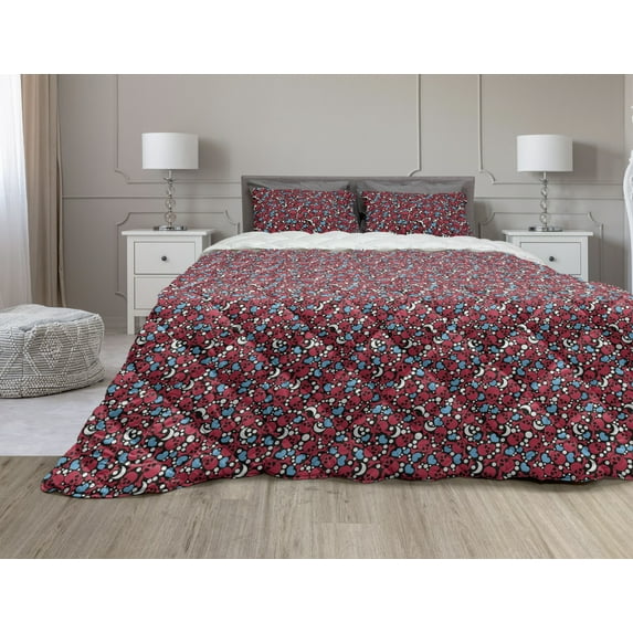 Skull Comforter & Sham Bedding Set, Smiling Red Skulls with Hearts Moons and Dots Pattern on Black Backdrop Illustration, 3 pcs Duvet Set Microfiber Filling Quilt, 5 Sizes, Multicolor, by Ambesonne