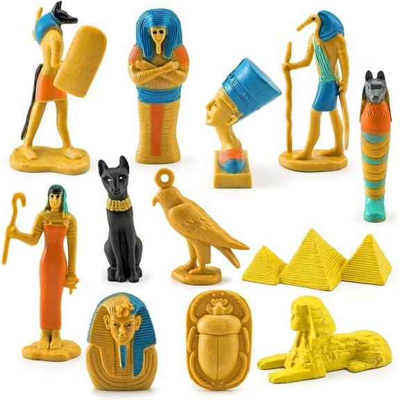 Ancient Egyptian Miniature Figurines Set, 12 Pieces with Pyramids, Educational History Toys for Kids