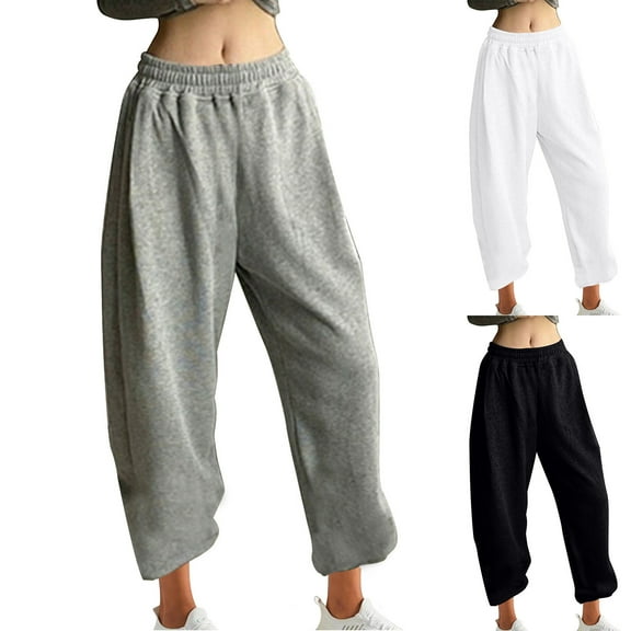 Fengqque Women's Plush Casual Wide Leg Pants High Waist Sweatpants Baggy Athletic Trousers with Pockets White 10(XL)