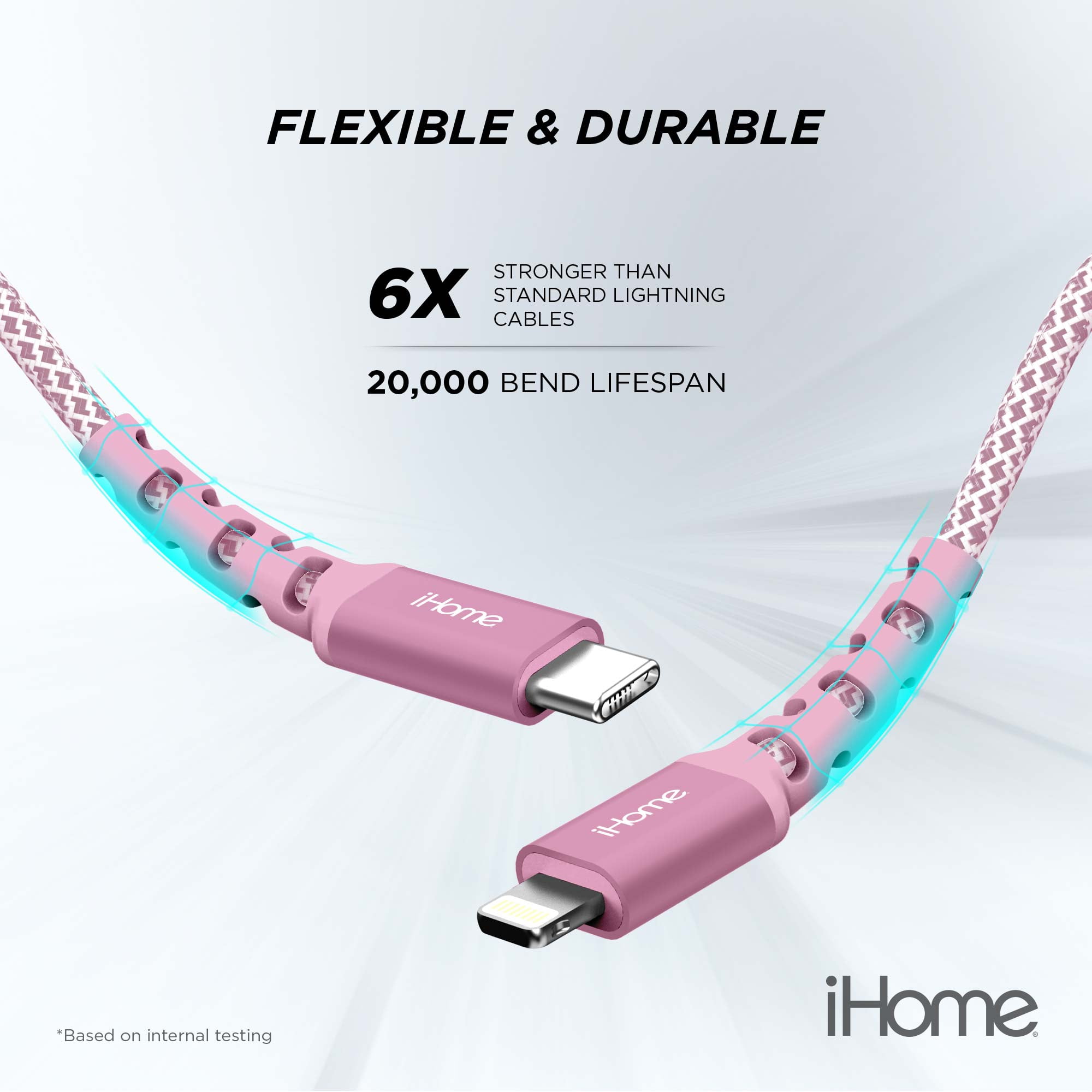 iHome 6FT Durastrain Ltng to C Nylon Cable with Wrap- Pink