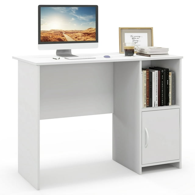 Costway Modern Computer Desk with Cabinet Cable Holes & Open Shelf Storage for Home Office